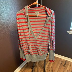 Red/Gray Striped Hooded Sweater